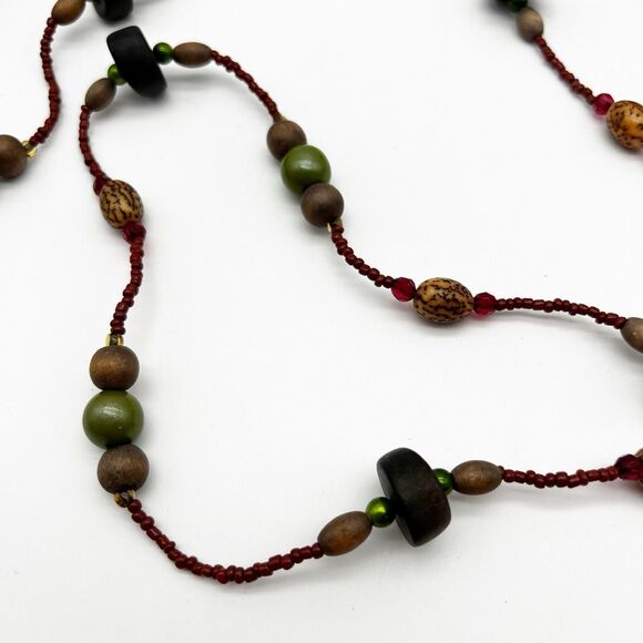 Multi Colored Wood Round Seed Bead Natural Nut Ethnic Long Necklace 58” - Picture 4 of 8